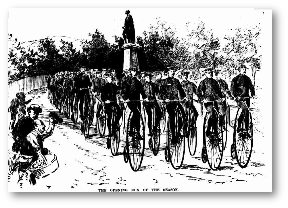 Opening of 1888 cycling season. 'The Sports of Australia-Cycling'. Illustrated Sydney News, 26Jul1888..png